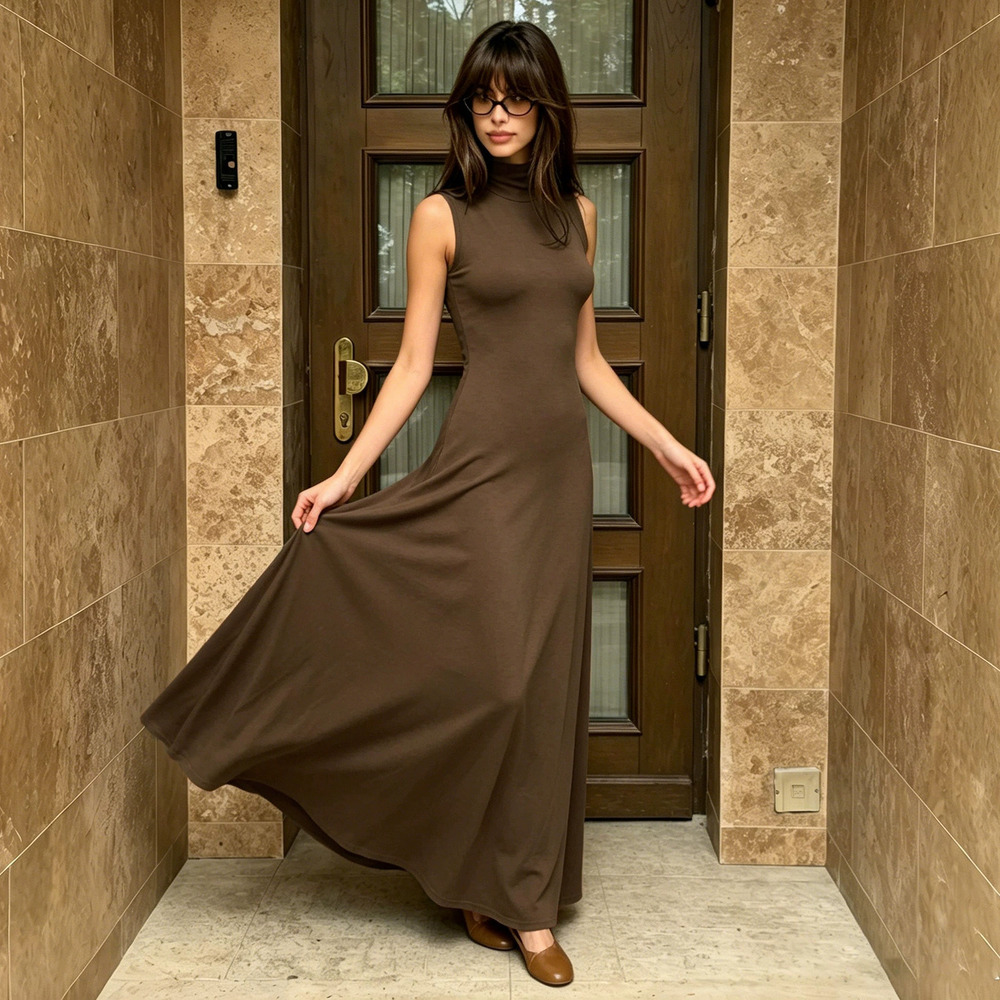 Zara High Neck Sleeveless Brown Intellectual A-Line Dress